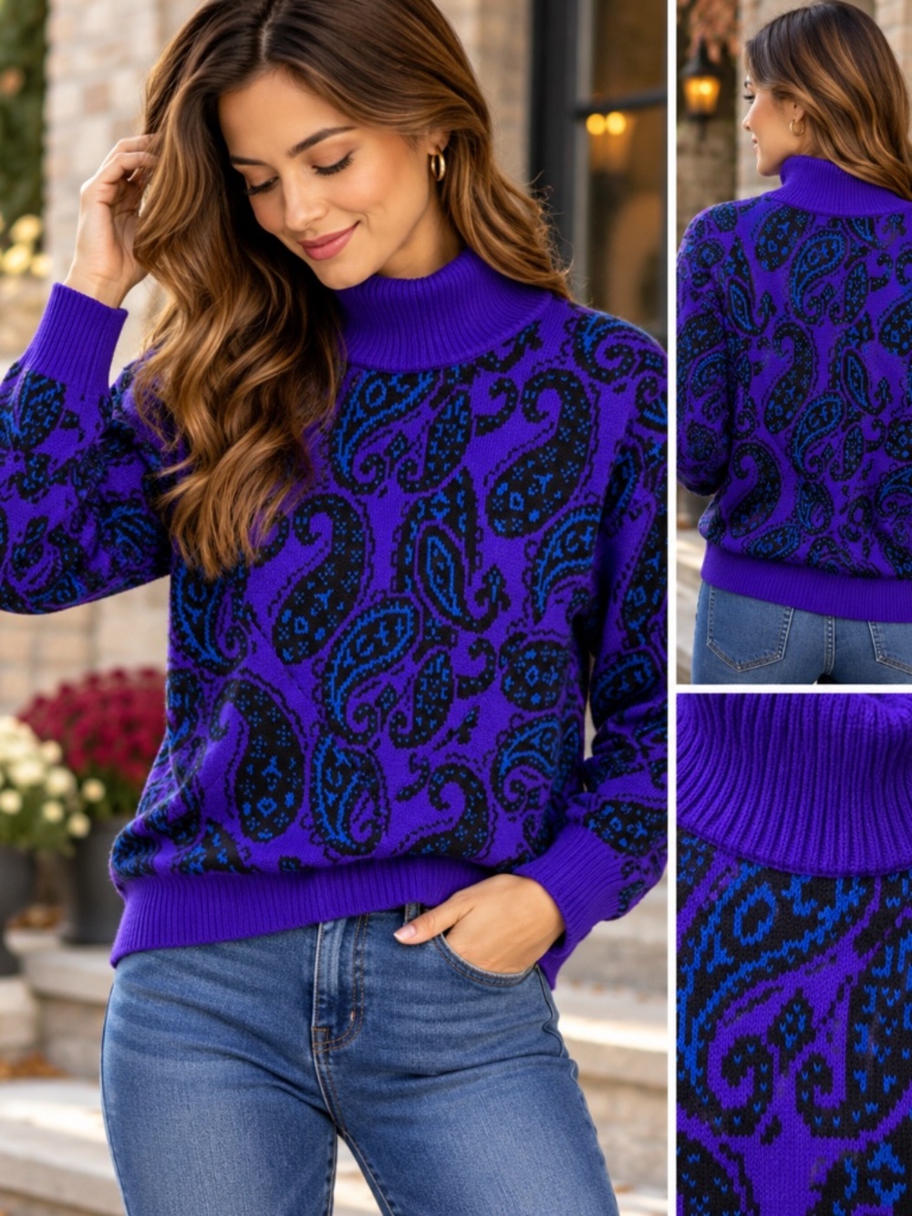 Vintage M.L. Original Styles Purple Paisley Turtleneck Sweater Retro 80s 90s